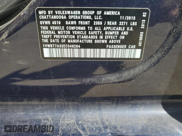 2014 Volkswagen Passat SE with VIN 1VWBT7A32EC048264, listed as a Copart auction lot 53511665 with 170,842 mi miles and Clean title. Bid and sale history available at DreamBid. Image 12.