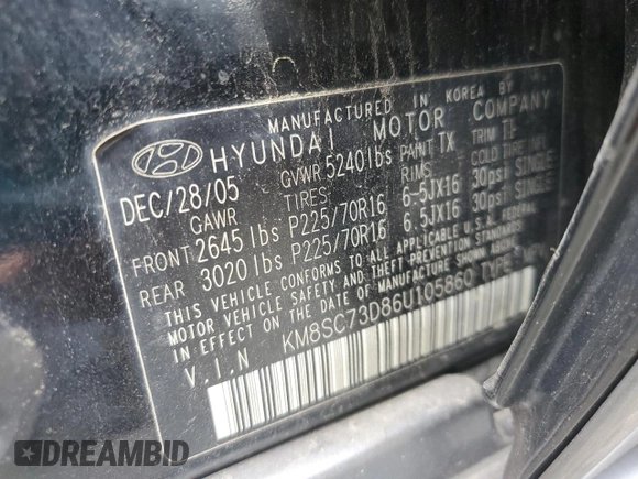 2006 Hyundai Santa Fe GLS with VIN KM8SC73D86U105860, listed as a Copart auction lot 63534064 with 164,459 mi miles and Salvage Title. Bid and sale history available at carsss.com. Image 13.