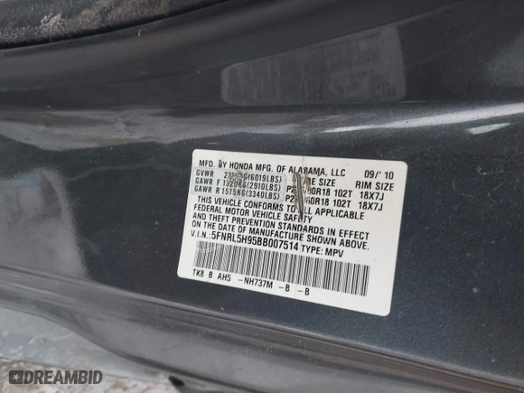 2011 Honda Odyssey Touring with VIN 5FNRL5H95BB007514, listed as a IAAI auction lot 41402516 with 281,032 mi miles. Bid and sale history available at carsss.com. Image 9.