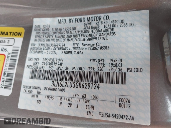 2016 Lincoln MKZ Hybrid with VIN 3LN6L2LU3GR629124, listed as a IAAI auction lot 42285383 with 116,196 mi miles and . Bid and sale history available at DreamBid. Image 9.
