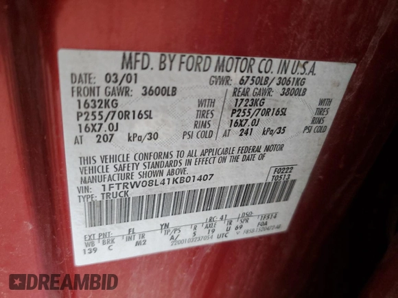 2001 Ford F-150 XLT with VIN 1FTRW08L41KB01407, listed as a Copart auction lot 59446555 with 285,312 mi miles and Salvage title. Bid and sale history available at DreamBid. Image 12.