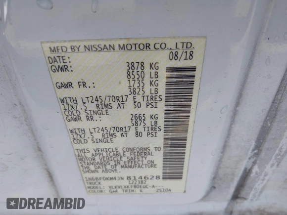2018 Nissan NV Cargo S z VIN 1N6BF0KM4JN814628, wystawiony jako IAAI lot #42282183 z przebiegiem 128 289 mil mil oraz . Historia ofert i sprzedaży dostępna na DreamBid. Obrazek 9.