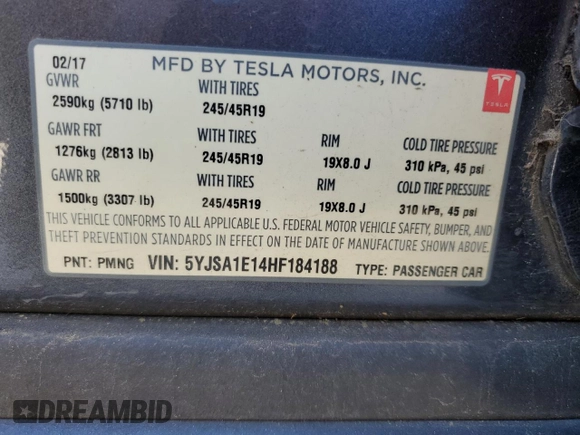 2017 Tesla Model S 60 with VIN 5YJSA1E14HF184188, listed as a Copart auction lot 55836495 with 94,623 mi miles and Salvage title. Bid and sale history available at DreamBid. Image 13.