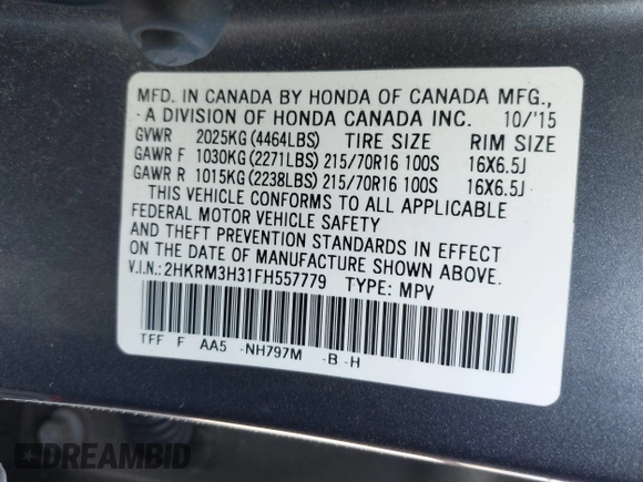 2015 Honda CR-V LX with VIN 2HKRM3H31FH557779, listed as a IAAI auction lot 42098299 with 211,683 mi miles and . Bid and sale history available at carsss.com. Image 9.