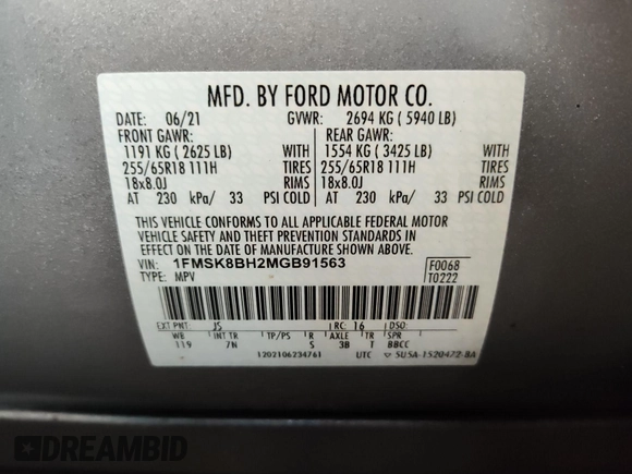 2021 Ford Explorer z VIN 1FMSK8BH2MGB91563, wystawiony jako IAAI lot #42801542 z przebiegiem 131 587 mil mil oraz . Historia ofert i sprzedaży dostępna na DreamBid. Obrazek 1.