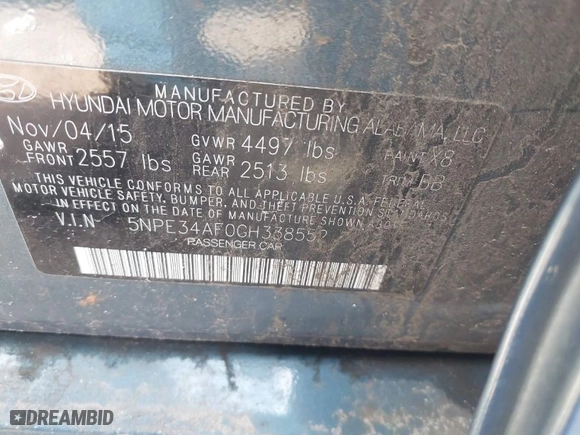 2016 Hyundai Sonata 2.4L Sport with VIN 5NPE34AF0GH338552, listed as a IAAI auction lot 41221255 with 148,849 mi miles. Bid and sale history available at carsss.com. Image 9.