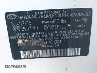 2016 Hyundai Sonata SE with VIN 5NPE24AF7GH304546, listed as a IAAI auction lot 42218425 with 153,619 mi miles and . Bid and sale history available at carsss.com. Image 9.