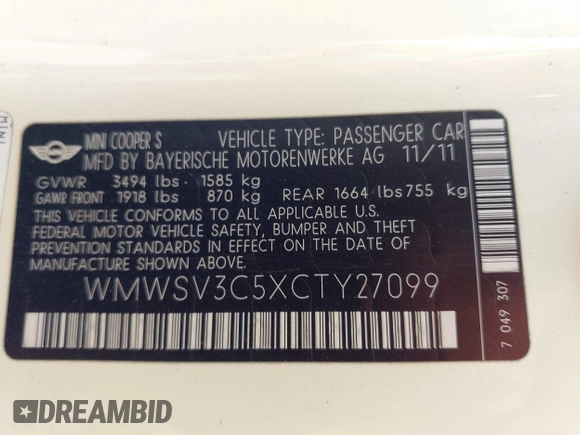 2012 MINI Hardtop S with VIN WMWSV3C5XCTY27099, listed as a IAAI auction lot 42248076 with 99,384 mi miles and . Bid and sale history available at DreamBid. Image 9.
