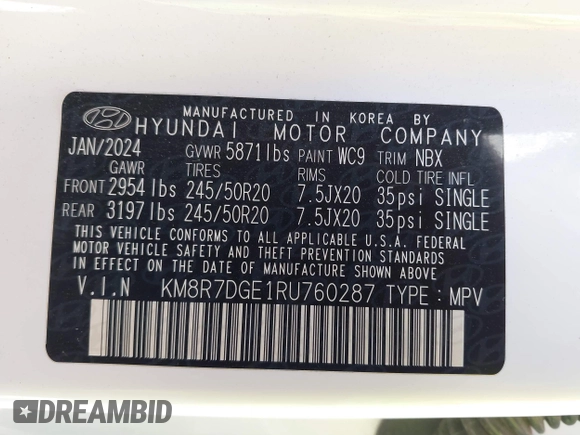 2024 Hyundai Palisade Calligraphy z VIN KM8R7DGE1RU760287, wystawiony jako IAAI lot #41901721 z przebiegiem 26 359 mil mil oraz . Historia ofert i sprzedaży dostępna na DreamBid. Obrazek 9.