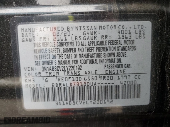 2020 Nissan Sentra SV with VIN 3N1AB8CV2LY220192, listed as a Copart auction lot 55653145 with 37,621 mi miles and Salvage Title. Bid and sale history available at carsss.com. Image 12.