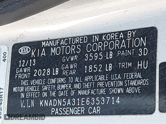 2014 Kia Rio SX with VIN KNADN5A31E6353714, listed as a IAAI auction lot 42127657 with 117,544 mi miles. Bid and sale history available at carsss.com. Image 9.