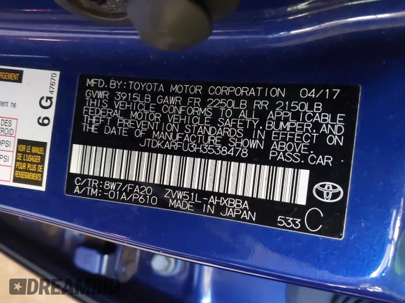 2017 Toyota Prius Two z VIN JTDKARFU3H3538478, wystawiony jako IAAI lot #42109823 z przebiegiem 74 567 mil mil oraz . Historia ofert i sprzedaży dostępna na DreamBid. Obrazek 9.