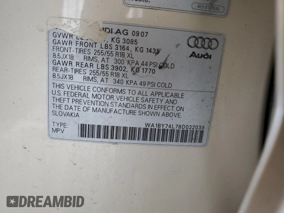 2008 Audi Q7 Premium z VIN WA1BY74L78D022039, wystawiony jako Copart lot #61649905 z przebiegiem 192 550 mil mil oraz Szkoda całkowita • Salvage title. Historia ofert i sprzedaży dostępna na DreamBid. Obrazek 13.