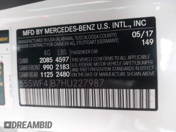 2017 Mercedes-Benz C 300 with VIN 55SWF4JB7HU227987, listed as a IAAI auction lot 42152594 with 53,183 mi miles and . Bid and sale history available at DreamBid. Image 9.