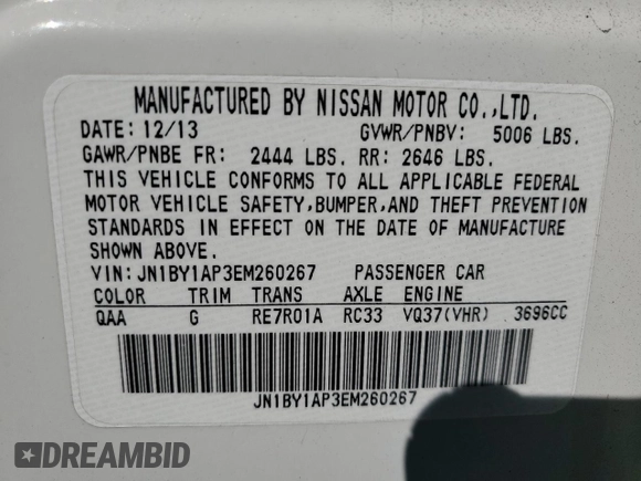 2014 Infiniti M37 with VIN JN1BY1AP3EM260267, listed as a Copart auction lot 47664255 with 61,689 mi miles and Salvage Title. Bid and sale history available at carsss.com. Image 13.