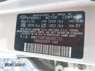 2016 Hyundai Accent SE with VIN KMHCT5AE5GU265720, listed as a IAAI auction lot 41985018 with 158,842 mi miles. Bid and sale history available at carsss.com. Image 9.