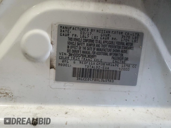 2017 Nissan Note SV with VIN 3N1CE2CP8HL365983, listed as a Copart auction lot 62102185 with 89,264 mi miles and Clean title. Bid and sale history available at DreamBid. Image 13.