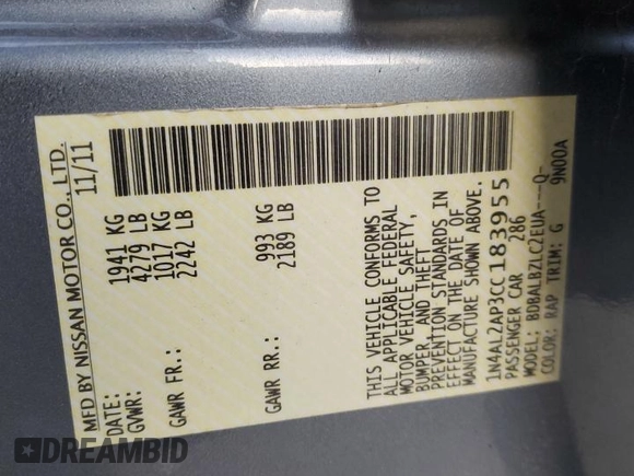 2012 Nissan Altima S with VIN 1N4AL2AP3CC183955, listed as a Copart auction lot 48487195 with 187,432 mi miles and Non Repairable. Bid and sale history available at DreamBid. Image 13.