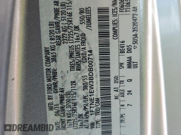 2011 Ford Econoline Cargo Commercial with VIN 1FTNE1EW3BDB00714, listed as a Copart auction lot 41963225 with 338,407 mi miles and Salvage Title. Bid and sale history available at DreamBid. Image 13.