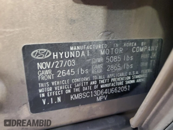 2004 Hyundai Santa Fe GLS with VIN KM8SC13D64U662051, listed as a Copart auction lot 78232394 with 0 mi miles and Salvage Title. Bid and sale history available at carsss.com. Image 13.