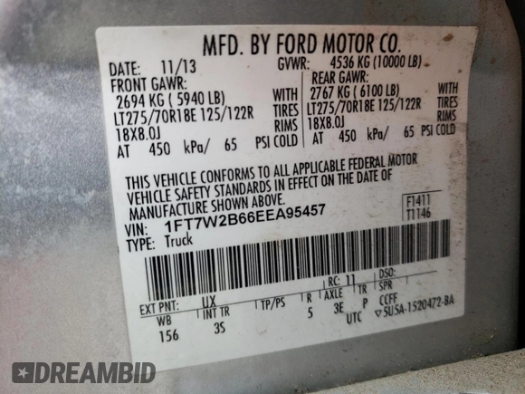 2014 Ford F-250 XL with VIN 1FT7W2B66EEA95457, listed as a Copart auction lot 59625155 with 118,040 mi miles and Salvage title. Bid and sale history available at DreamBid. Image 12.