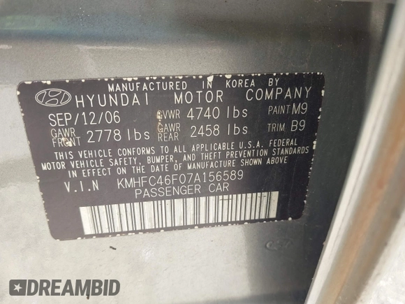 2007 Hyundai Azera SE with VIN KMHFC46F07A156589, listed as a IAAI auction lot 40896753 with 0 mi miles. Bid and sale history available at carsss.com. Image 9.