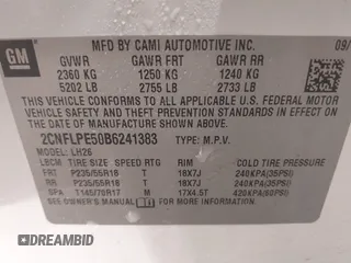 2011 Chevrolet Equinox LT with VIN 2CNFLPE50B6241383, listed as a IAAI auction lot 41079026 with 208,544 mi miles. Bid and sale history available at carsss.com. Image 9.