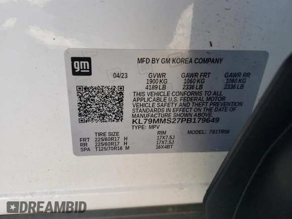 2023 Chevrolet TrailBlazer LS with VIN KL79MMS27PB179649, listed as a Copart auction lot 49480535 with 42,575 mi miles and Salvage Title. Bid and sale history available at DreamBid. Image 13.