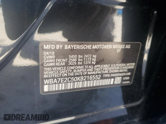 2019 BMW 7 Series 740i с VIN WBA7E2C50KB216552, выставлен на аукционе Copart как лот 56991985 с пробегом 121 140 миль миль и Чистый • Clean title. История ставок и продаж доступна на DreamBid. Изображение 12.