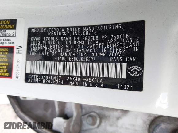 2016 Toyota Avalon XLE Premium z VIN 4T1BD1EB0GU056337, wystawiony jako IAAI lot #42110091 z przebiegiem 296 715 mil mil oraz . Historia ofert i sprzedaży dostępna na DreamBid. Obrazek 9.