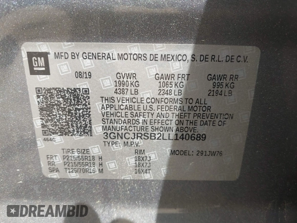 2020 Chevrolet Trax Premier with VIN 3GNCJRSB2LL140689, listed as a IAAI auction lot 42212724 with 73,701 mi miles and . Bid and sale history available at DreamBid. Image 9.