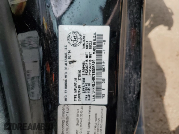 2014 Honda Odyssey Touring z VIN 5FNRL5H97EB508649, wystawiony jako Copart lot #55665245 z przebiegiem 162 892 mil mil oraz Czysty tytuł • Clean title. Historia ofert i sprzedaży dostępna na DreamBid. Obrazek 14.
