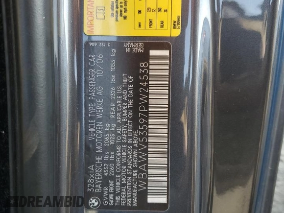 2007 BMW 3 Series 328xi with VIN WBAWV53597PW24538, listed as a Copart auction lot 78283854 with Not provided miles and Clean title. Bid and sale history available at DreamBid. Image 12.
