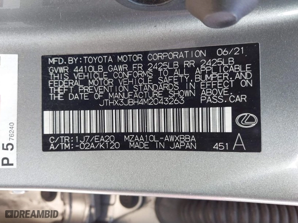 2021 Lexus UX with VIN JTHX3JBH4M2043263, listed as a IAAI auction lot 41671055 with 100,589 mi miles. Bid and sale history available at carsss.com. Image 9.