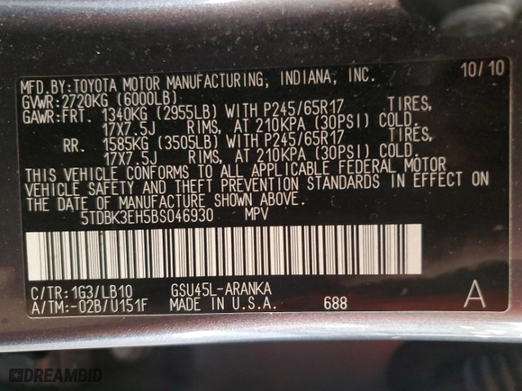 2011 Toyota Highlander with VIN 5TDBK3EH5BS046930, listed as a Copart auction lot 49310455 with 179,435 mi miles and Salvage Title. Bid and sale history available at carsss.com. Image 13.