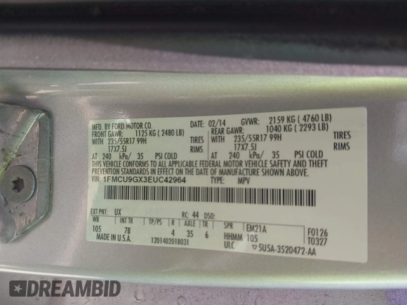 2014 Ford Escape SE with VIN 1FMCU9GX3EUC42964, listed as a IAAI auction lot 42484080 with 124,696 mi miles and . Bid and sale history available at DreamBid. Image 9.