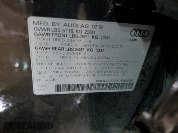 2019 Audi Q3 Premium Plus with VIN WA1BECF32K1086531, listed as a Copart auction lot 41711405 with 49,934 mi miles and Salvage Title. Bid and sale history available at carsss.com. Image 13.