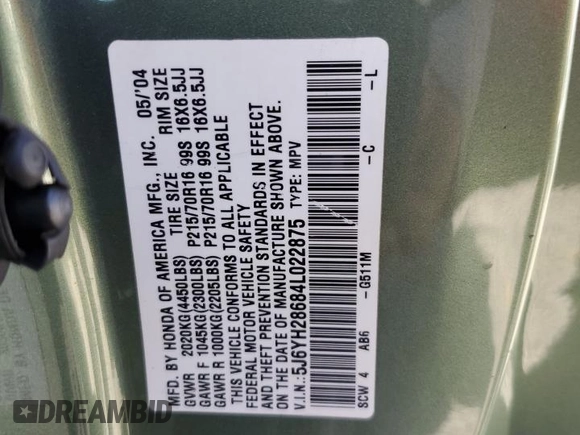 2004 Honda Element EX with VIN 5J6YH28684L022875, listed as a Copart auction lot 56908245 with 246,526 mi miles and Salvage title. Bid and sale history available at DreamBid. Image 13.