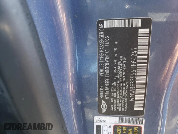 2006 MINI Convertible с VIN WMWRF33556TF64247, выставлен на аукционе Copart как лот 88324875 с пробегом Не указан миль и На запчасти • Non repairable. История ставок и продаж доступна на DreamBid. Изображение 13.
