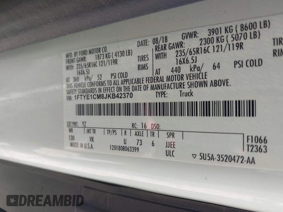 2018 Ford Transit с VIN 1FTYE1CM8JKB42370, выставлен на аукционе IAAI как лот 42595047 с пробегом 76 992 миль миль и . История ставок и продаж доступна на DreamBid. Изображение 9.