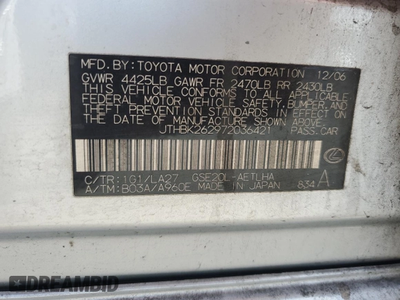 2007 Lexus IS 250 with VIN JTHBK262972036421, listed as a Copart auction lot 60591305 with 155,395 mi miles and Salvage title. Bid and sale history available at DreamBid. Image 12.