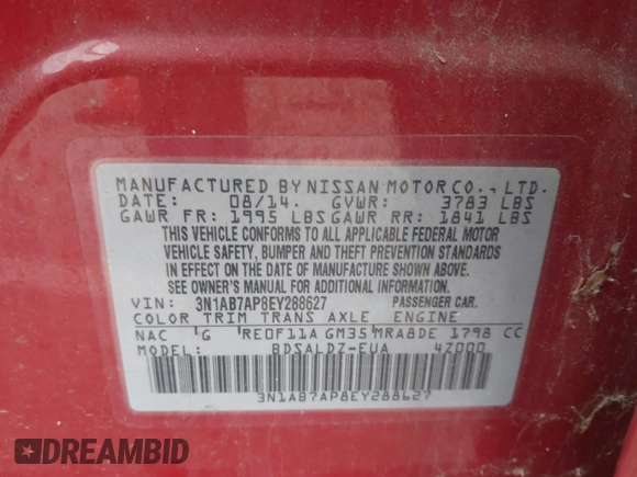 2014 Nissan Sentra S with VIN 3N1AB7AP8EY288627, listed as a IAAI auction lot 42173030 with 118,883 mi miles and . Bid and sale history available at DreamBid. Image 9.