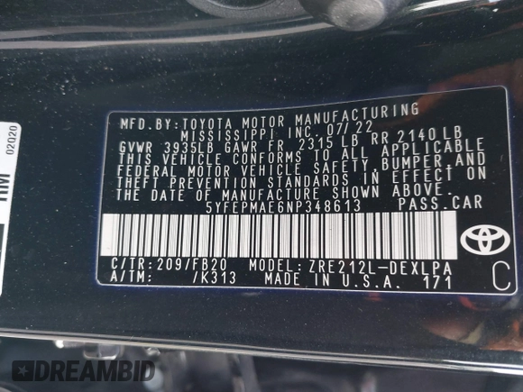 2022 Toyota Corolla LE with VIN 5YFEPMAE6NP348613, listed as a IAAI auction lot 41709618 with 64,406 mi miles and . Bid and sale history available at DreamBid. Image 9.