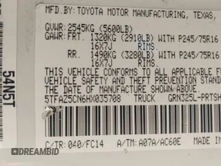 2017 Toyota Tacoma SR5 with VIN 5TFAZ5CN6HX035708, listed as a IAAI auction lot 42117129 with 122,100 mi miles and . Bid and sale history available at DreamBid. Image 9.