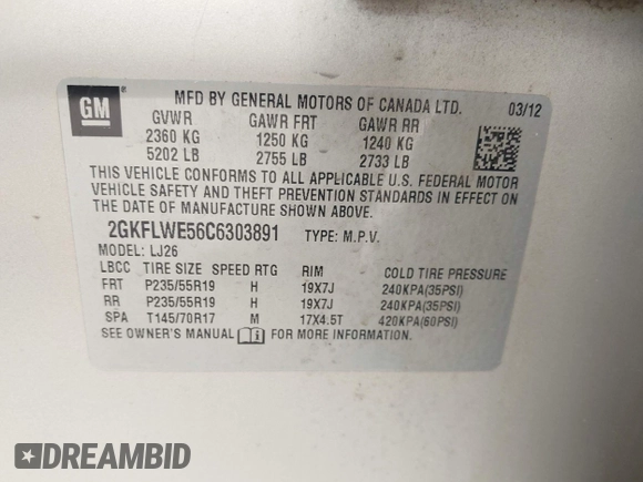 2012 GMC Terrain SLT-2 with VIN 2GKFLWE56C6303891, listed as a IAAI auction lot 42428184 with 156,604 mi miles and . Bid and sale history available at DreamBid. Image 9.