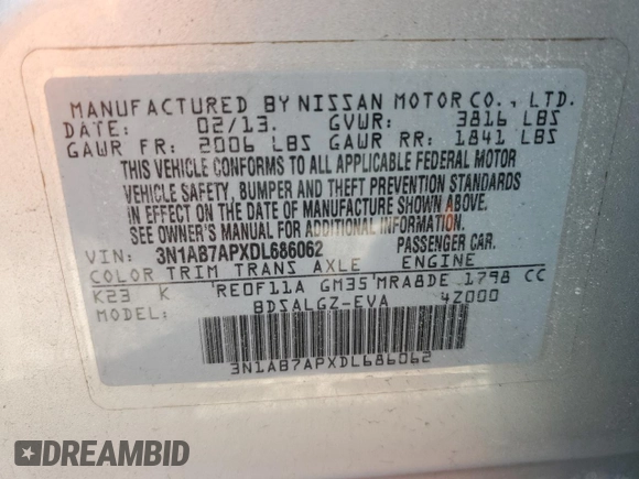 2013 Nissan Sentra SL with VIN 3N1AB7APXDL686062, listed as a Copart auction lot 48034515 with 108,578 mi miles and Non Repairable. Bid and sale history available at DreamBid. Image 12.