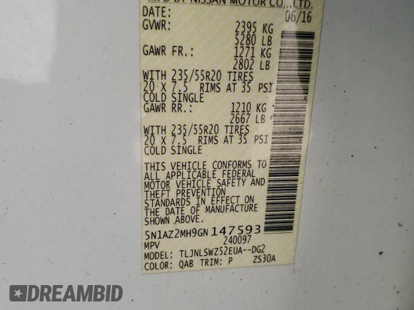 2016 Nissan Murano S with VIN 5N1AZ2MH9GN147593, listed as a Copart auction lot 49869525 with 93,360 mi miles and Salvage title. Bid and sale history available at DreamBid. Image 15.