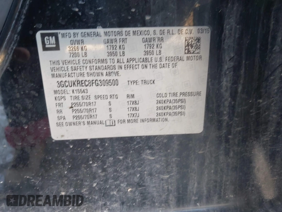 2015 Chevrolet Silverado 1500 LT with VIN 3GCUKREC8FG309500, listed as a IAAI auction lot 41568103 with 174,211 mi miles and . Bid and sale history available at DreamBid. Image 9.