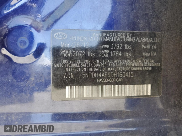 2013 Hyundai Elantra Limited with VIN 5NPDH4AE9DH160415, listed as a Copart auction lot 54180605 with 52,557 mi miles and Salvage Title. Bid and sale history available at DreamBid. Image 12.