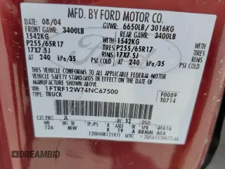 2004 Ford F-150 XL with VIN 1FTRF12W74NC67500, listed as a Copart auction lot 52915375 with Not provided miles and Salvage title. Bid and sale history available at DreamBid. Image 12.